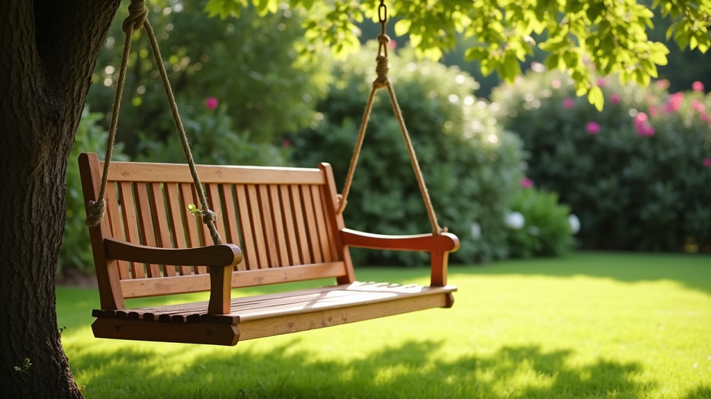 A wooden outdoor swing hanging from sturdy beams on a sunny backyard patio
