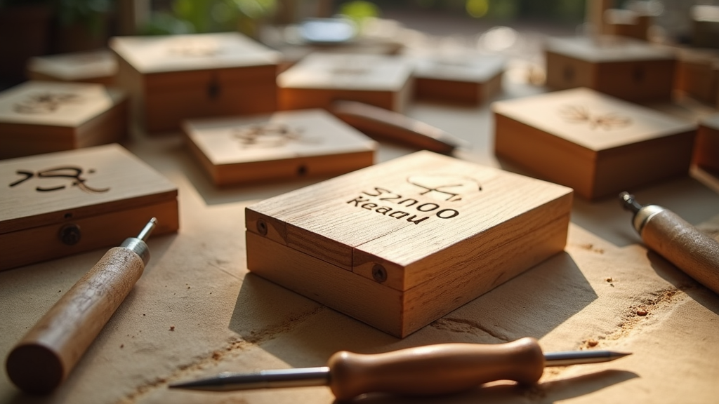 Personalized wooden graduation gifts like engraved plaques and keepsake boxes on a table with carving tools