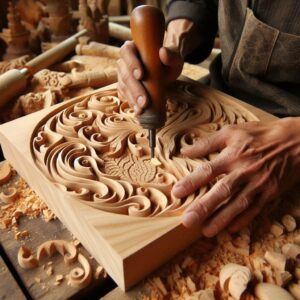 woodworkers doing intricate carving on maple wood